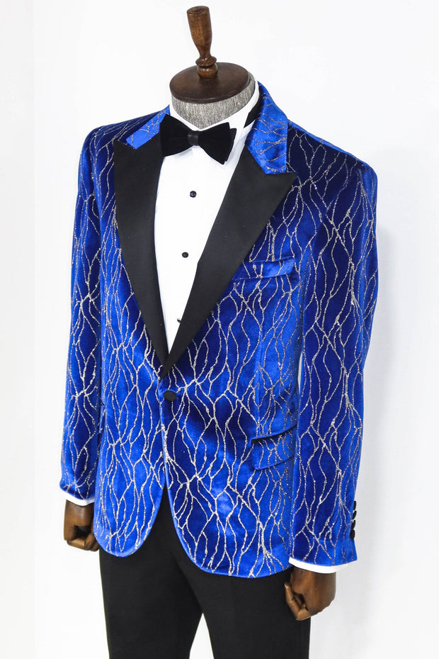 Silver Patterned Blue Men Prom Blazer - Wessi