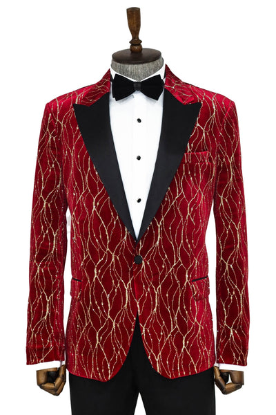 Patterned Burgundy Men Prom Blazer - Wessi