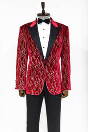 Silver Patterned Burgundy Men Prom Blazer - Wessi