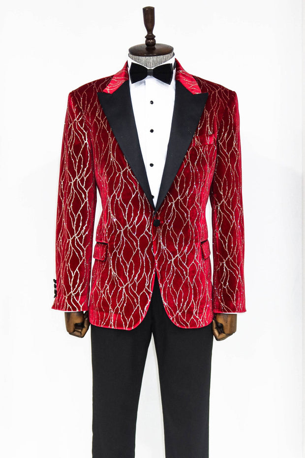 Silver Patterned Burgundy Men Prom Blazer - Wessi