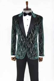 Patterned Dark Green Men Prom Blazer - Wessi