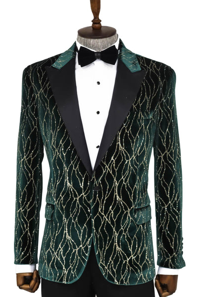 Patterned Dark Green Men Prom Blazer - Wessi