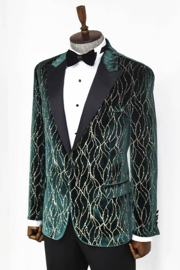 Patterned Dark Green Men Prom Blazer - Wessi