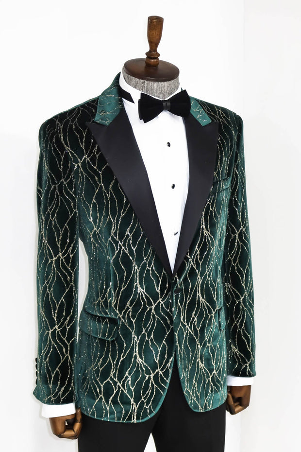 Patterned Dark Green Men Prom Blazer - Wessi