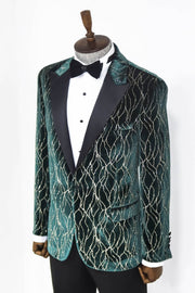 Patterned Dark Green Men Prom Blazer - Wessi