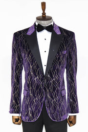 Gold Patterned Purple Men Prom Blazer - Wessi