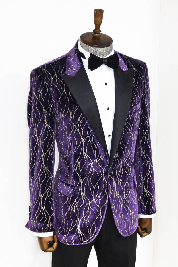 Gold Patterned Purple Men Prom Blazer - Wessi