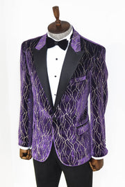 Gold Patterned Purple Men Prom Blazer - Wessi