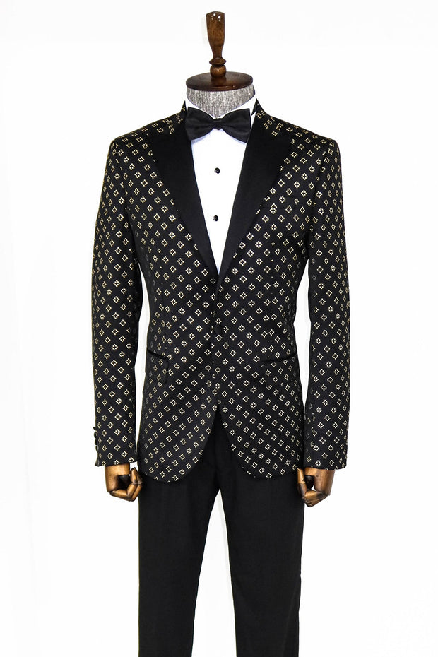 Gold Diamond Pattern Over Black Tuxedo Blazer - Wessi