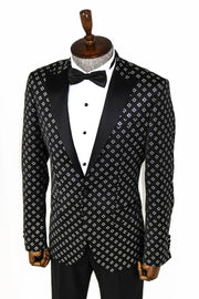 Silver Diamond Pattern Over Black Men Prom Blazer - Wessi