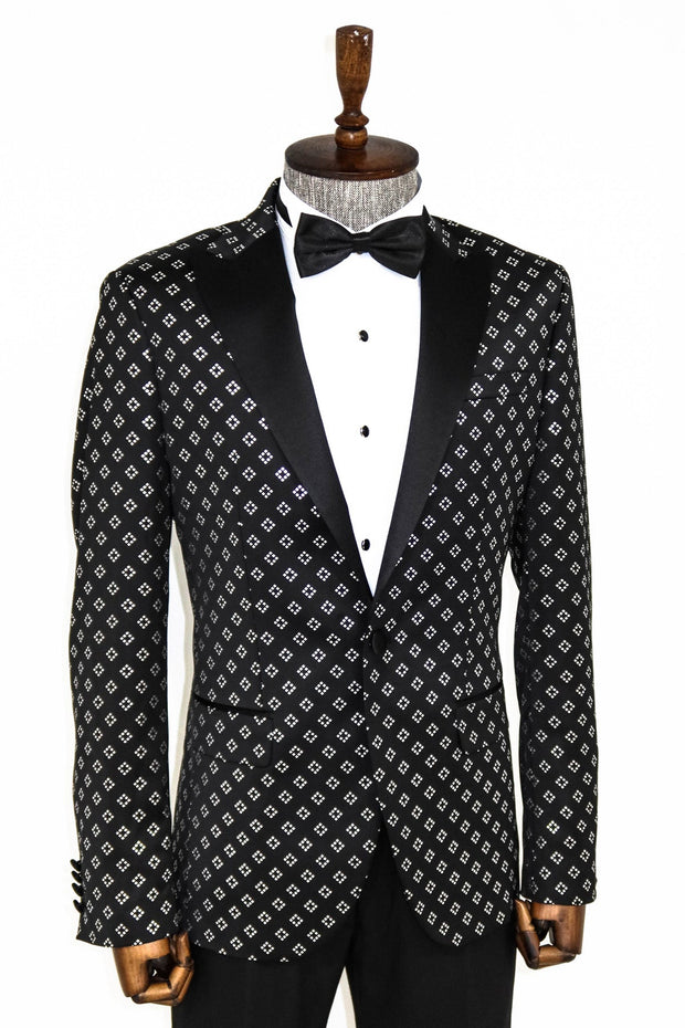 Silver Diamond Pattern Over Black Men Prom Blazer - Wessi