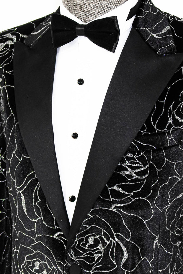 Silver Rose Patterned Over Black Men Prom Blazer - Wessi