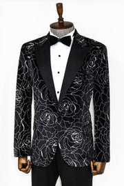 Silver Rose Patterned Over Black Men Prom Blazer - Wessi