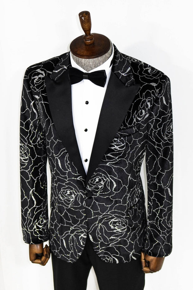 Silver Rose Patterned Over Black Men Prom Blazer - Wessi