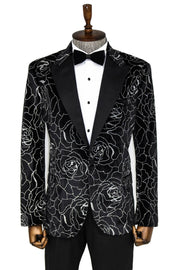 Silver Rose Patterned Over Black Men Prom Blazer - Wessi