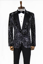 Silver Rose Patterned Over Black Men Prom Blazer - Wessi