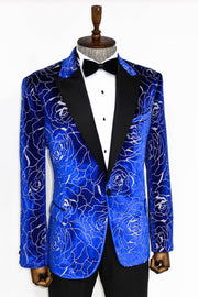 Silver Rose Patterned Over Blue Men Prom Blazer - Wessi