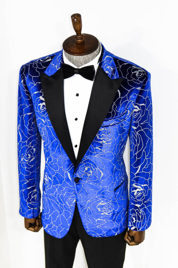 Silver Rose Patterned Over Blue Men Prom Blazer - Wessi