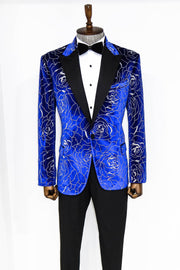 Silver Rose Patterned Over Blue Men Prom Blazer - Wessi