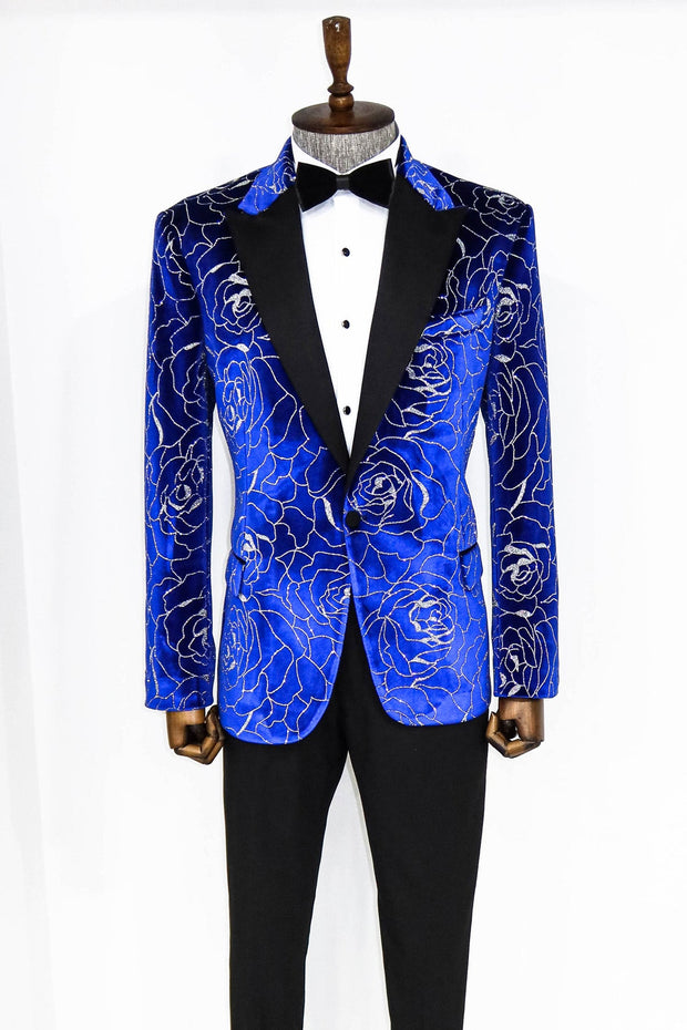 Silver Rose Patterned Over Blue Men Prom Blazer - Wessi