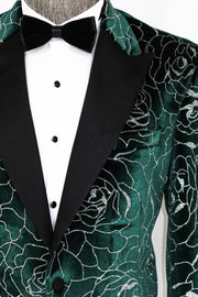 Silver Rose Patterned Over Green Men Prom Blazer - Wessi