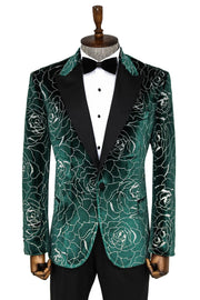 Silver Rose Patterned Over Green Men Prom Blazer - Wessi