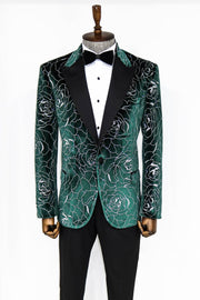 Silver Rose Patterned Over Green Men Prom Blazer - Wessi