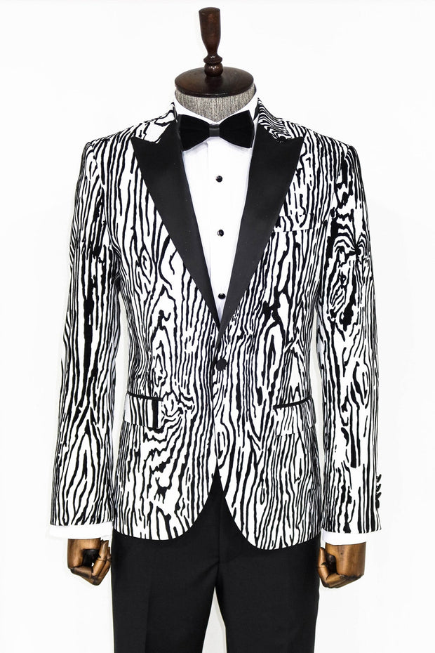 Slim Fit Zebra Patterned White Men Prom Blazer - Wessi