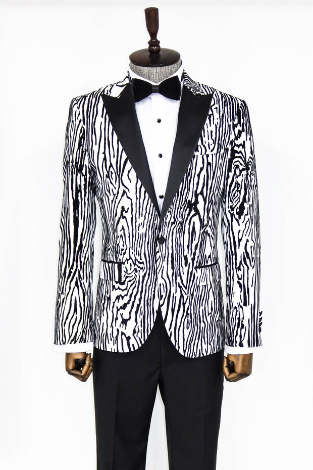 Slim Fit Zebra Patterned White Men Prom Blazer - Wessi