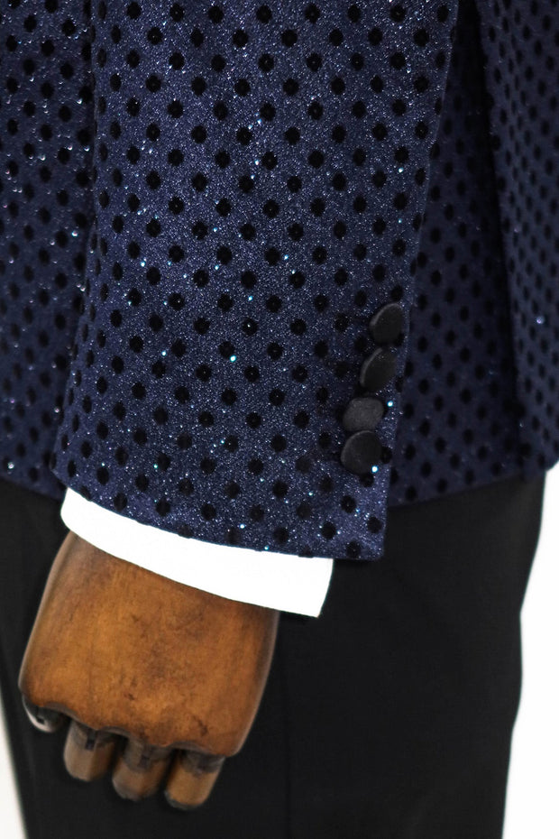 Sequin Dot Patterned Navy Blue Men Prom Blazer - Wessi