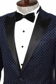 Sequin Dot Patterned Navy Blue Men Prom Blazer - Wessi