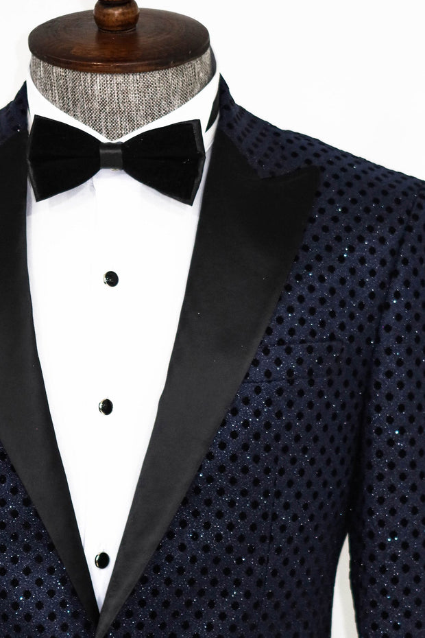 Sequin Dot Patterned Navy Blue Men Prom Blazer - Wessi