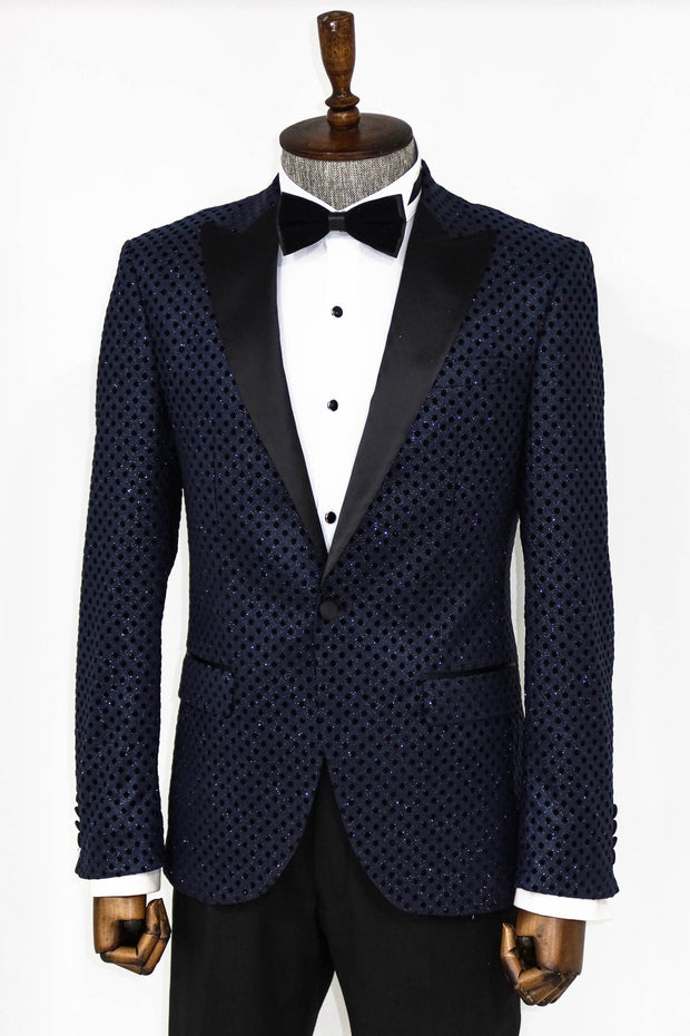 Sequin Dot Patterned Navy Blue Men Prom Blazer - Wessi