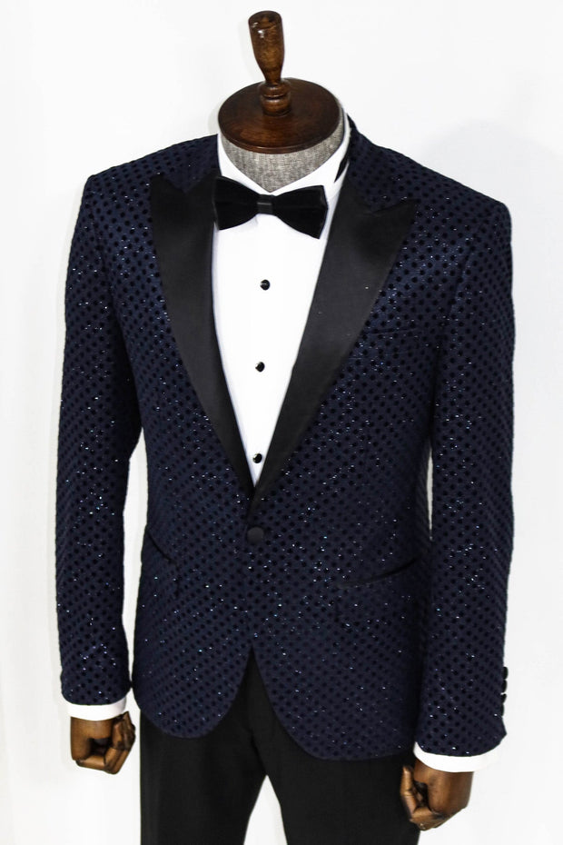 Sequin Dot Patterned Navy Blue Men Prom Blazer - Wessi