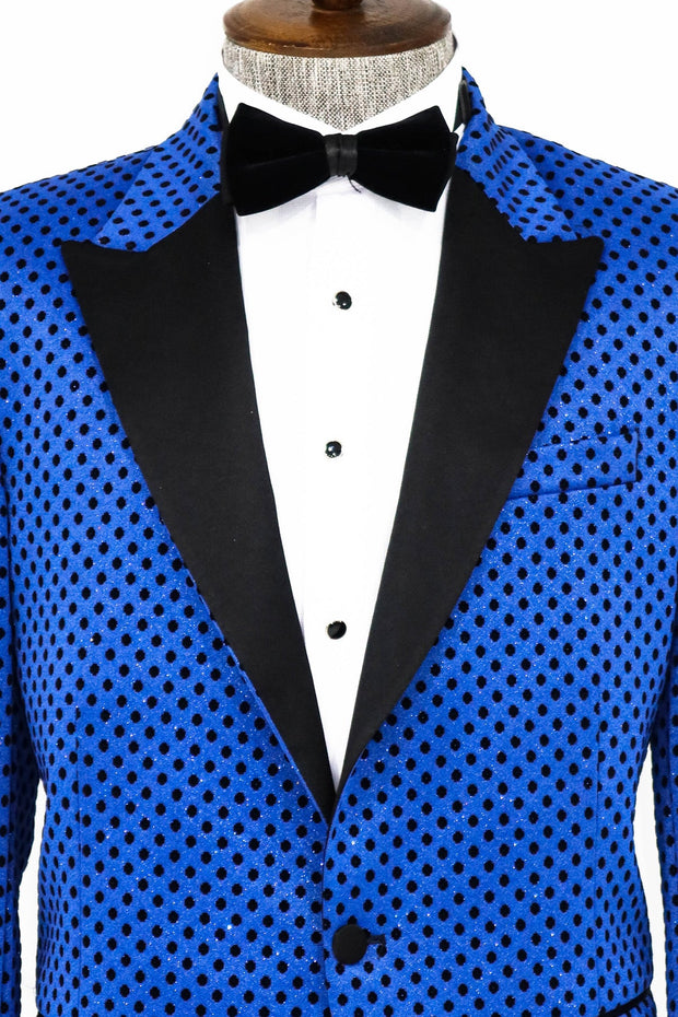 Sequin Dot Patterned Sax Blue Men Prom Blazer - Wessi