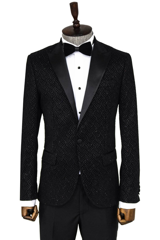 Shiny Patterned Black Men Prom Blazer - Wessi