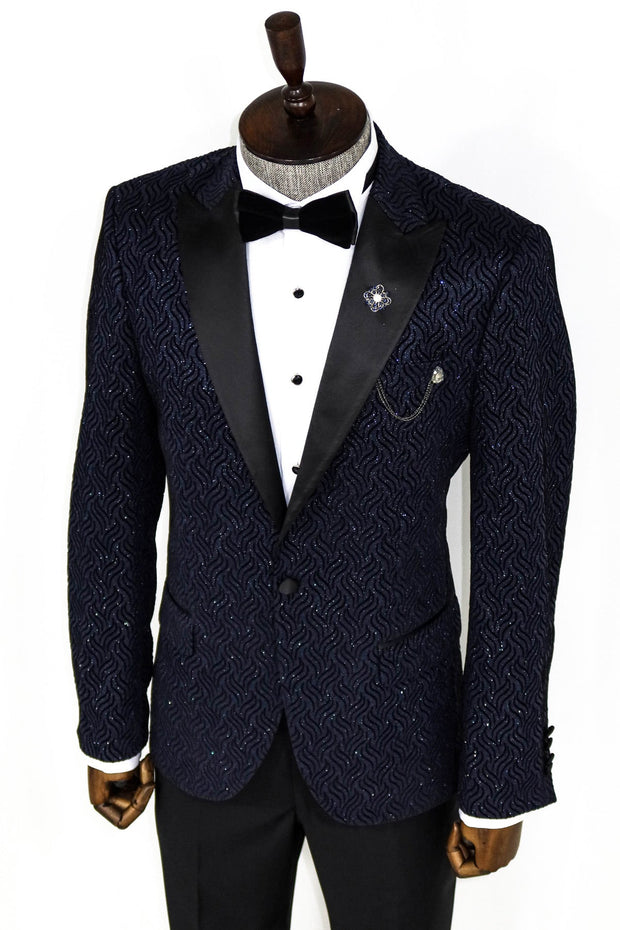 Glitter Shiny Navy Blue Men Prom Blazer - Wessi