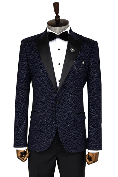 Glitter Shiny Navy Blue Men Prom Blazer - Wessi