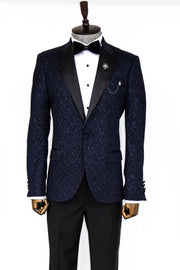 Glitter Shiny Navy Blue Men Prom Blazer - Wessi