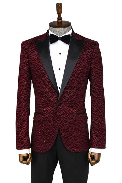 Shiny Patterned Burgundy Prom Blazer - Wessi