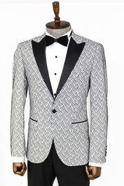 Shiny Patterned White Men Prom Blazer - Wessi