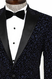 Scroll Patterned Navy Blue Men Prom Blazer - Wessi