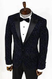 Scroll Patterned Navy Blue Men Prom Blazer - Wessi