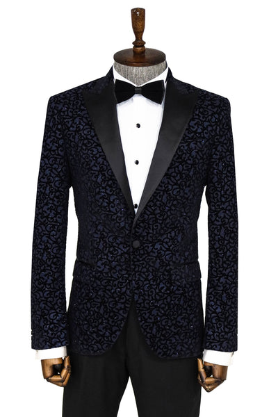 Scroll Patterned Navy Blue Men Prom Blazer - Wessi