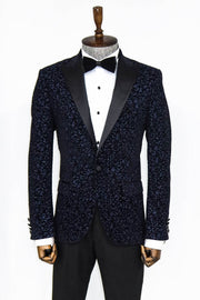 Scroll Patterned Navy Blue Men Prom Blazer - Wessi