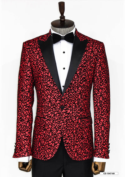 Scroll Patterned Burgundy Men Prom Blazer - Wessi