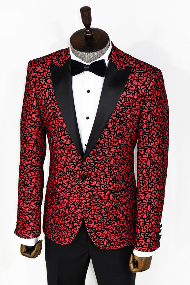 Scroll Patterned Burgundy Men Prom Blazer - Wessi