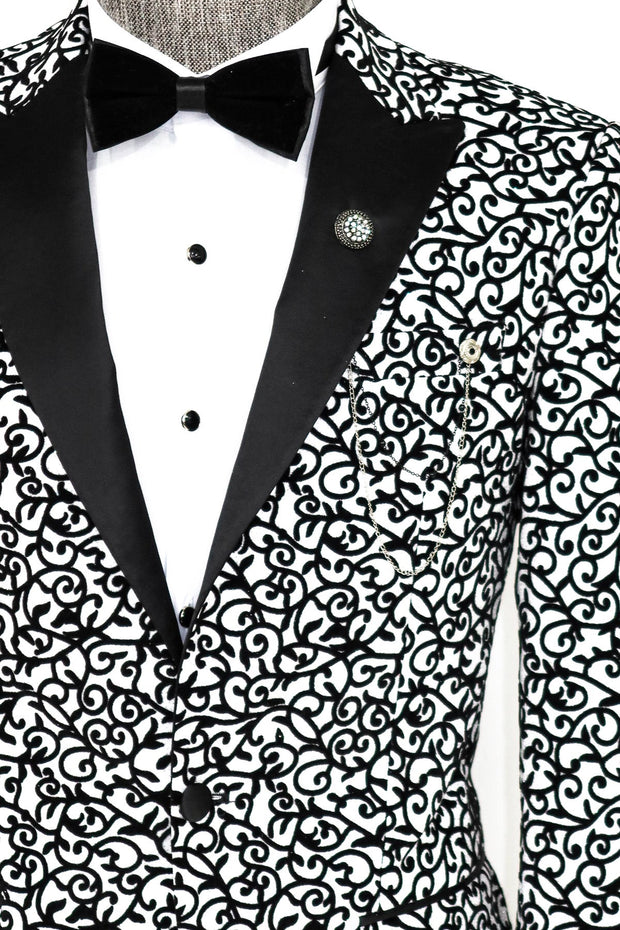 Scroll Patterned White Men Prom Blazer - Wessi