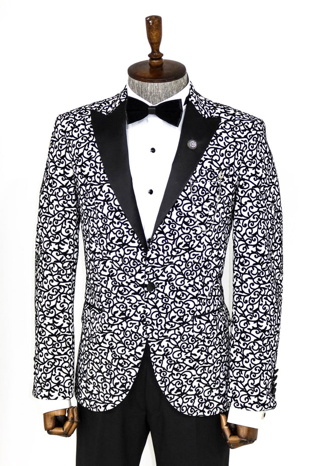 Scroll Patterned White Men Prom Blazer - Wessi