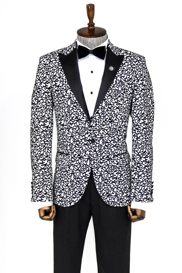 Scroll Patterned White Men Prom Blazer - Wessi